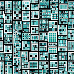 Repeating pattern of blue squares with white borders and different geometric shapes inside each square. Seamless pattern, one tile