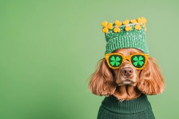 Fototapeta premium Cheerful dog wearing a festive green sweater and sunglasses, celebrating St Patrick s Day with a playful expression against a vibrant green background