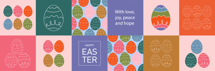 Happy Easter cards and banner with bright Easter eggs. Easter poster, cover, label template.