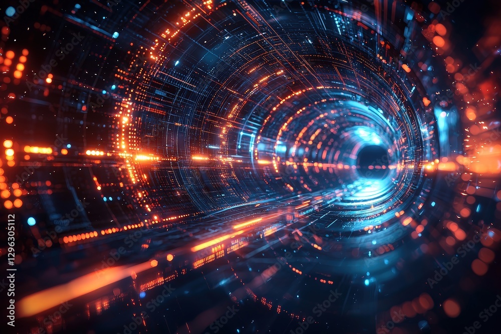 Wall mural futuristic glowing tunnel with vibrant orange and blue lights creating a dynamic and immersive visua