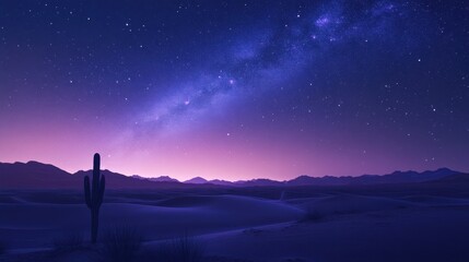 Fototapeta premium Majestic night sky with milky way over desert landscape and silhouette of cactus