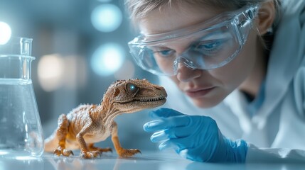 A scientist in a lab closely examines a small dinosaur model, highlighting the blend of research and imagination fundamental to understanding paleobiology and prehistoric life.