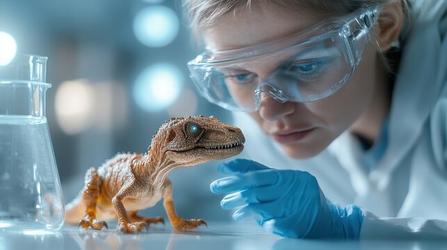 A scientist in a lab closely examines a small dinosaur model, highlighting the blend of research and imagination fundamental to understanding paleobiology and prehistoric life.