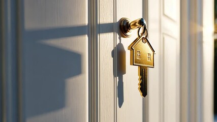 Golden house key in door lock symbolizes home ownership and security, as soft light casts warm shadows, creating inviting atmosphere of hope and new beginnings. - Powered by Adobe