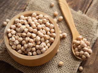 Close-up of a bowl filled with raw chickpeas surrounded by scattered legumes and a wooden spoon