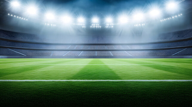 Football field illuminated by stadium lights with copy space on dark background