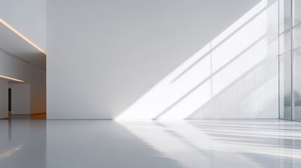 Fototapeta premium A stark white wall, its surface bathed in soft, ethereal light streaks, cast long, dancing shadows that hinted at the depth of space beyond the frame.