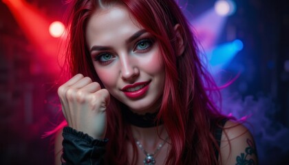 Fototapeta premium Portrait of a Confident Red-Haired Rock Woman Showing a Fist with Vibrant Red and Blue Lights and Smoke
