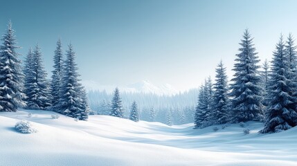 Fototapeta premium Serene Winter Landscape with Snow-Covered Pines and Majestic Mountains in a Calm Blue Sky Setting