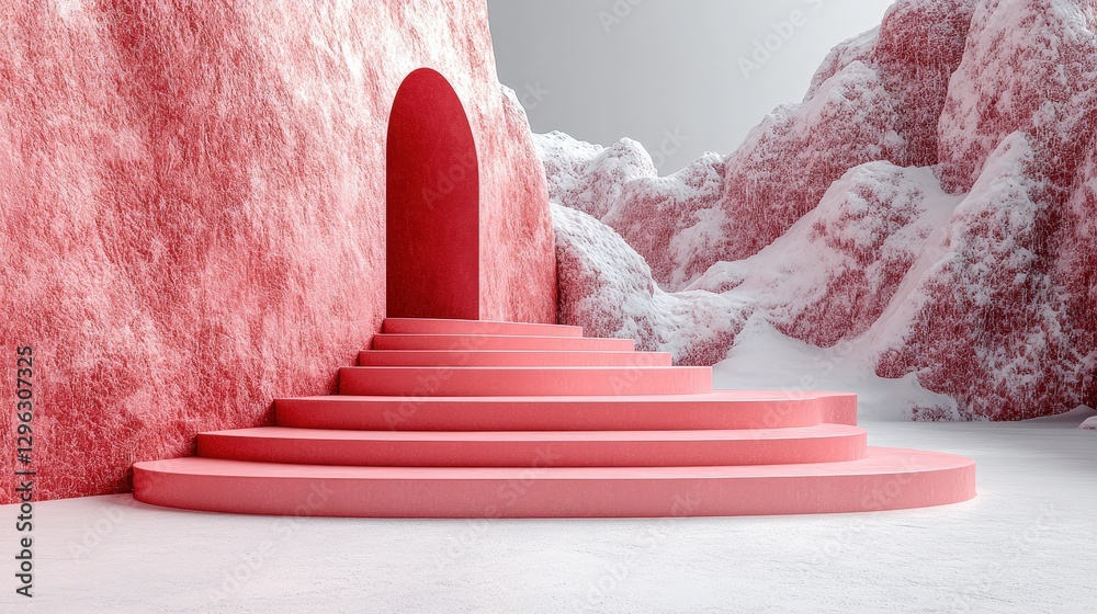 Wall mural abstract architectural steps with red stone and soft clouds creating a surreal environment for artis