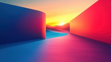 Fototapeta premium Vibrant Sunset Over Abstract Landscape with Curved Formations and Gentle Sand Dunes in a Dreamy Color Palette