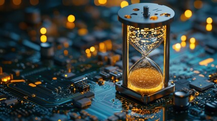 A miniature hourglass, its sands shimmering like digital code, sits precariously on a circuit board, a microcosm of time is passage in the realm of technology and the fast-paced digital world.