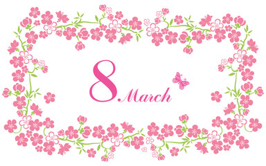 8 march. Women's Day card with floral elements isolated on white background. Vector illustration