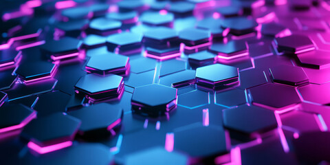 Fototapeta premium A dynamic 3D abstract background displaying floating, interconnected hexagons with neon edges. The high-tech reflections and immersive depth create a futuristic digital landscape, reminiscent of