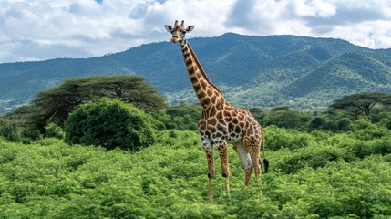 Obraz premium A giraffe standing tall in the middle of a lush, green field under a bright, sunny sky