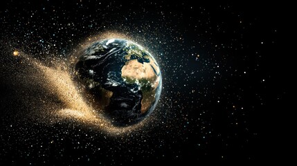 Obraz premium A planet in space with a gold trail behind it.
