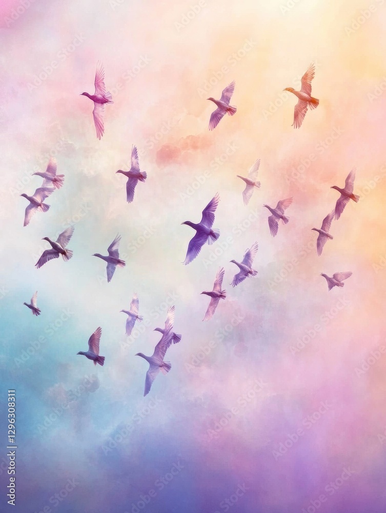 Poster flocks of birds flying gracefully through a colorful sky at sunset over an open landscape. generativ