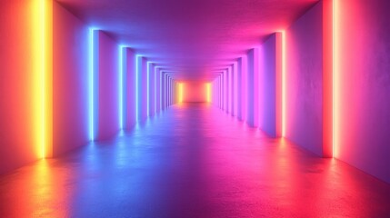 Futuristic corridor illuminated with neon lights in vibrant colors of blue, pink, and purple for creative backgrounds
