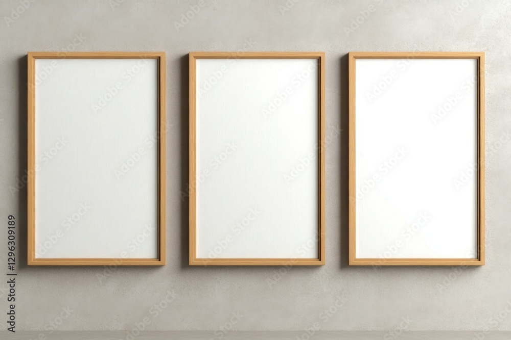 Poster four wooden picture frames with blank white canvases on a beige wall, a simple design in a minimalis