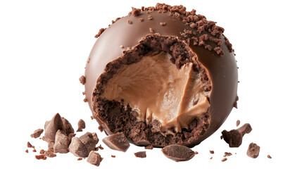 chocolate truffle with a bite taken out, revealing the creamy filling.