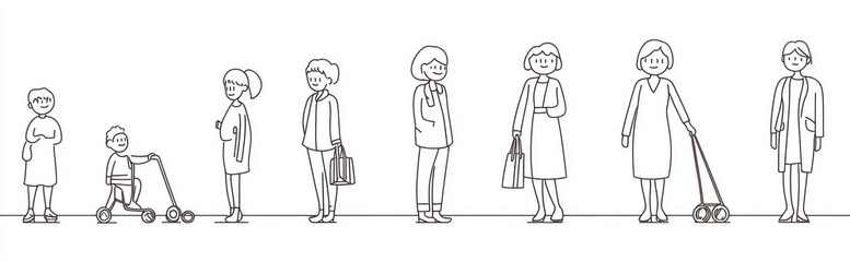 A line drawing of stick figures representing the life cycle from childhood to old age, each character in different poses and expressions,