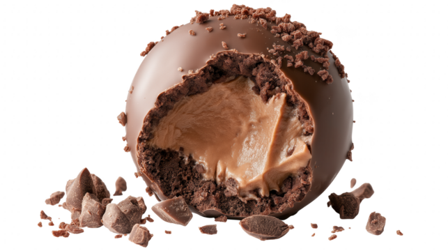 chocolate truffle with a bite taken out, revealing the creamy filling.