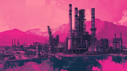 A massive energy storage and generator plant, placed against a deep pink metallic background