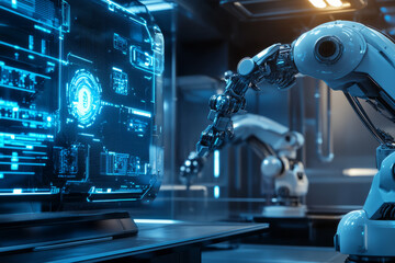 Fototapeta premium A cybernetic laboratory 3D background featuring a state-of-the-art podium with robotic arms adjusting advanced AI interfaces. The metallic walls shimmer with blue neon circuits, while cutting-edge