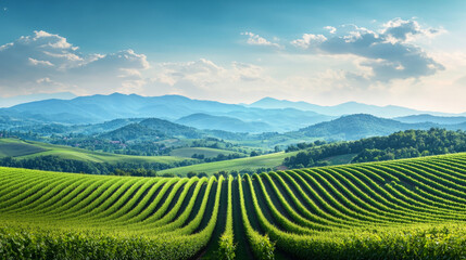 Naklejka premium Lush green vineyards stretch across rolling hills under bright sky