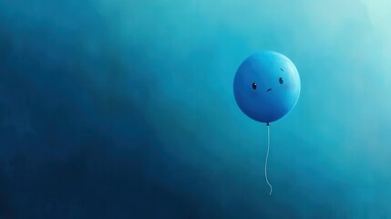 A solitary blue balloon, adorned with a melancholic face, floats serenely against a vast expanse of vibrant blue, symbolizing the somber atmosphere of a blue Monday, a reminder of the end of the week.