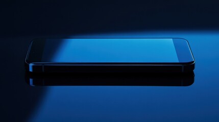 A mobile phone lying flat on a polished, mirror-like navy blue surface