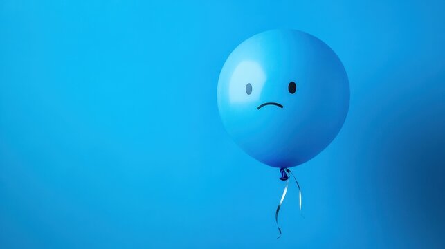 A solitary blue balloon, adorned with a melancholic face, floats serenely against a vast expanse of vibrant blue, symbolizing the somber atmosphere of a blue Monday, a reminder of the end of the week.