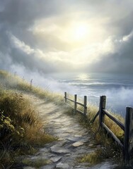 Obraz premium Serene Coastal Pathway Under Dramatic Sky with Golden Sunlight