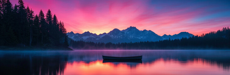 Obraz premium serene lake at sunrise with colorful sky, mountains, and boat