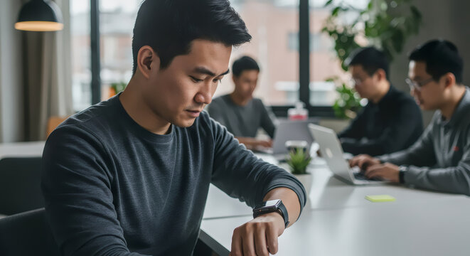 Focused Reflection: An Asian businessman examines his smartwatch with thoughtful concentration amidst a team collaborating in the office. The image captures the essence of time management, work.