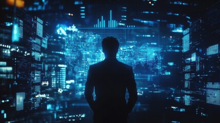 A businessman analyzing stock market charts on a futuristic