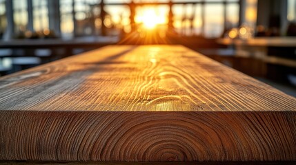 Sunset cafe wood table, city backdrop