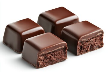 Help me create some images of chocolate, cut into pieces, with a white background, in the front view, side view, and top view, using hyper-realistic photography