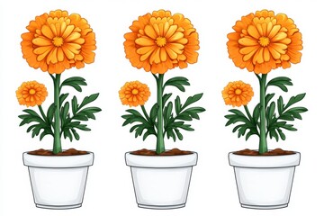 Fototapeta premium a 2D cartoon illustration of a potted marigold plant with orange flowers, bright and vibrant, white background