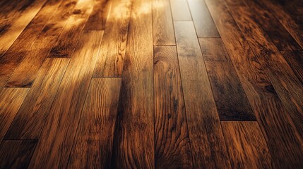 Fototapeta premium Wooden floor with warm sunlight reflection. Hardwood texture background for interior design and architecture.