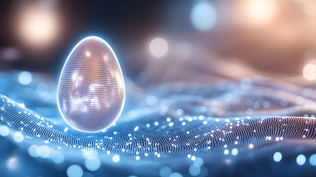 Sci-fi inspired holographic egg suspended above a data wave, symbolizing artificial intelligence. Perfect for futuristic branding, cyber technology, and innovation. Selective focus