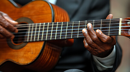 Fototapeta premium Closeup of weathered hands playing an acoustic guitar. A powerful image conveying experience, passion, and musical legacy.