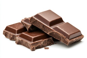 Help me create some images of chocolate, cut into pieces, with a white background, in the front view, side view, and top view, using hyper-realistic photography