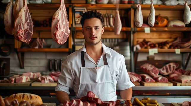 Young friendly butcher wear a traditional uniform and an apron standing behind meat counter in shop. On background, hung meat hams, as shelves filled with various cuts of meat, sausages.