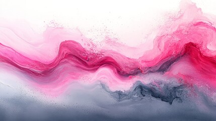 A fluid abstract painting displaying shades of pink and grey colors