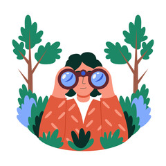 Girl with binoculars doing bird watching, flat character illustration
