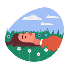 Cloud gazing girl while laying down on grass, flat illustration