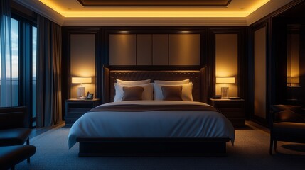 A magnificent and modern bedroom with a balcony that overlooks a beautiful outdoor environment.