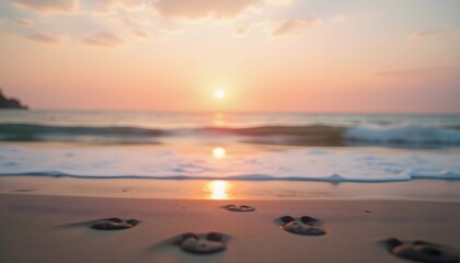 Footprints on Sandy Beach at Sunset with Gentle Waves
