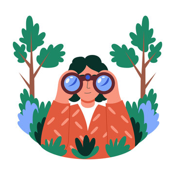 Girl with binoculars doing bird watching, flat character illustration